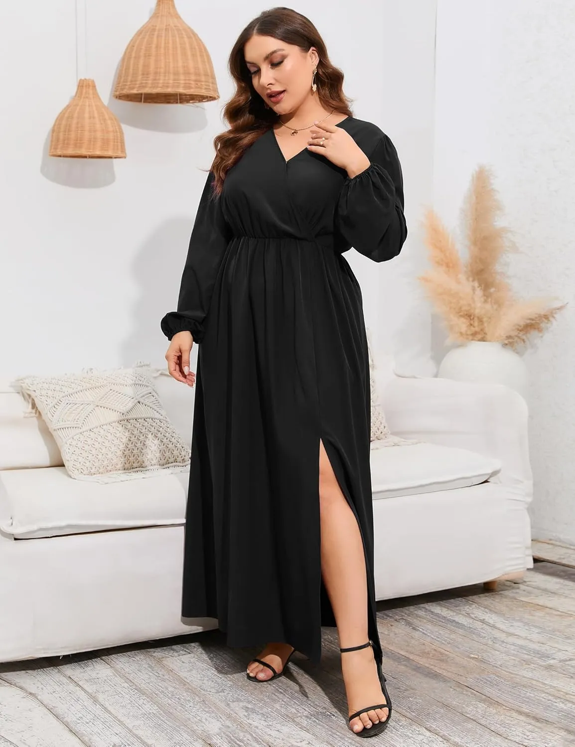 KOJOOIN Women Plus Size Wrap Maxi Dress Short Flutter Sleeves Empire Waist Side Split A Line Casual Dress