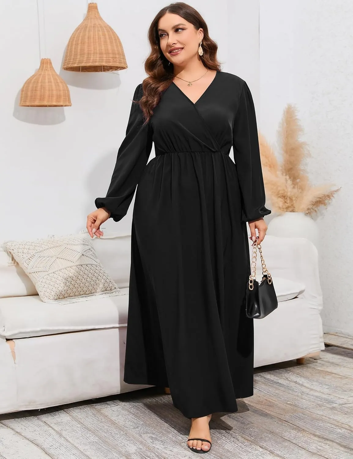 KOJOOIN Women Plus Size Wrap Maxi Dress Short Flutter Sleeves Empire Waist Side Split A Line Casual Dress