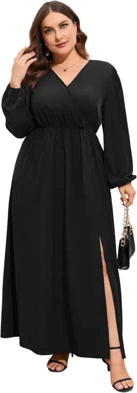 KOJOOIN Women Plus Size Wrap Maxi Dress Short Flutter Sleeves Empire Waist Side Split A Line Casual Dress