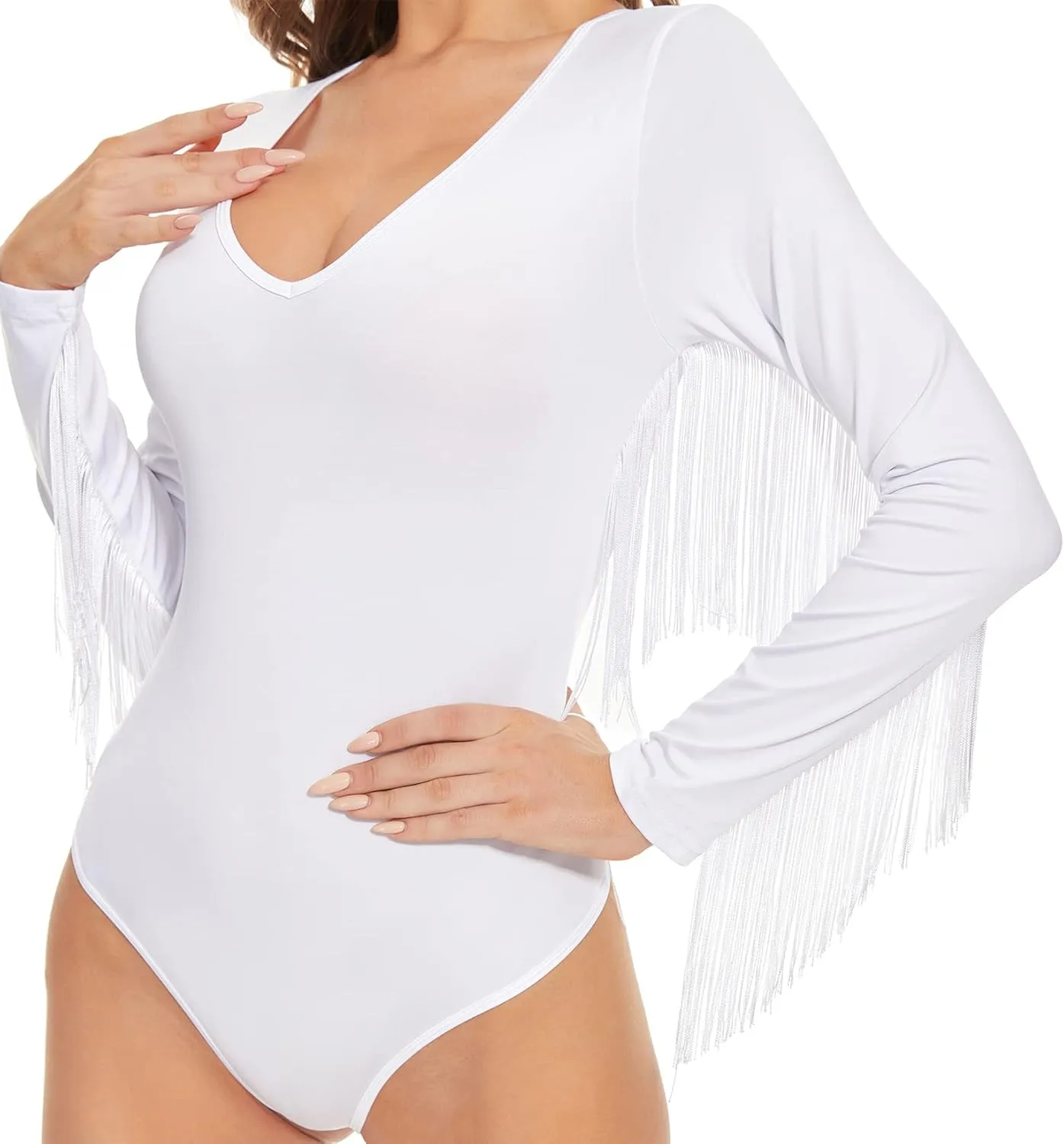Komorebi Women's Fringe Trim V Neck Long Sleeve Bodysuit Top Cowgirl Outfits Disco Outfit Bodycon Leotard Fitted Stretchy Top