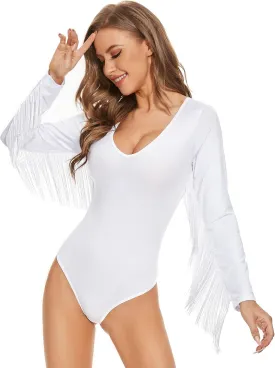Komorebi Women's Fringe Trim V Neck Long Sleeve Bodysuit Top Cowgirl Outfits Disco Outfit Bodycon Leotard Fitted Stretchy Top