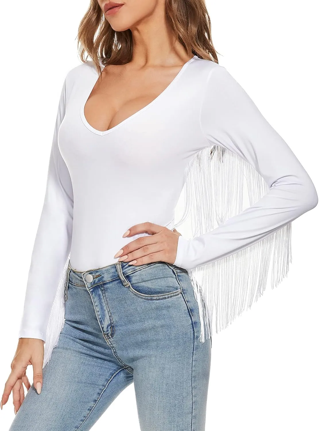 Komorebi Women's Fringe Trim V Neck Long Sleeve Bodysuit Top Cowgirl Outfits Disco Outfit Bodycon Leotard Fitted Stretchy Top