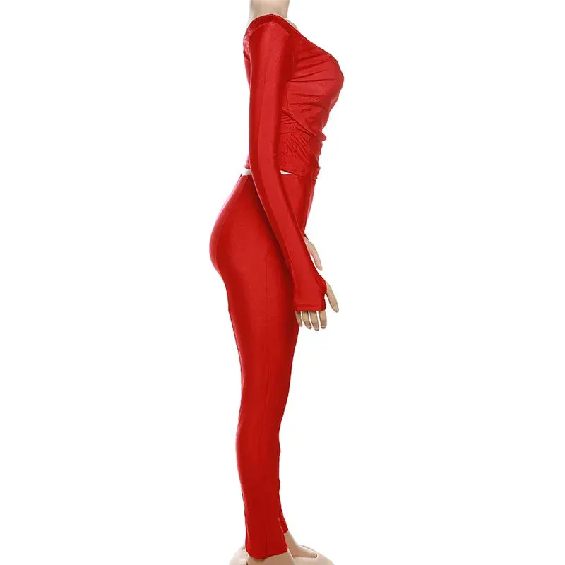 Ladies Off Shoulder Night Clubwear Y2K 2 Piece Long Sleeve V-Neck Folds Tees Pencil Pants Fashion Club Streetwear Women Outfits