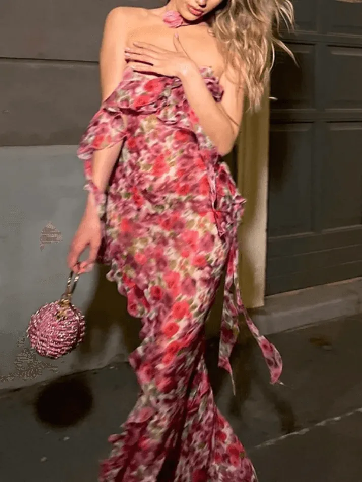 LANFUBEISI - Floral Ruffle Slip Dress