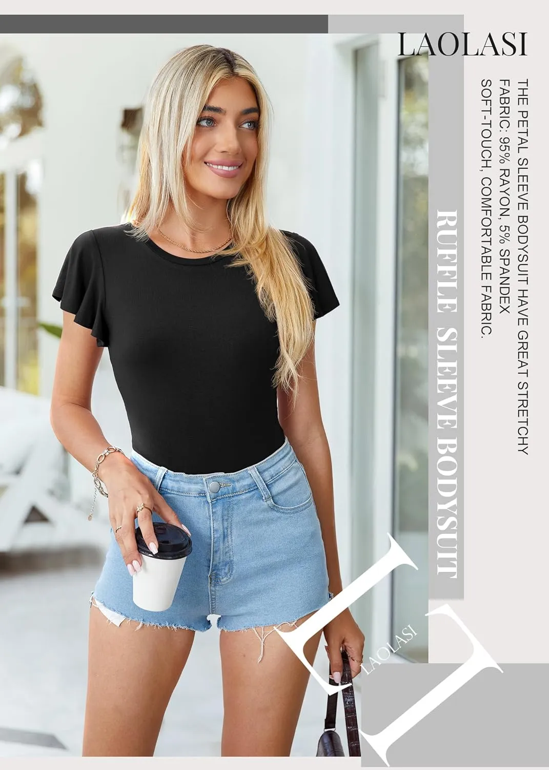LAOLASI Women's Crew Neck Bodysuit Ruffle Short Sleeve Slim Fit Casual Basic Stretchy Body suit Daily Jumpsuit T Shirts