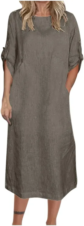 Linen Dresses for Women 2025 Cuffed Sleeve Crewneck Solid Color Long Cotton Dress Spring Maxi Dress with Pockets
