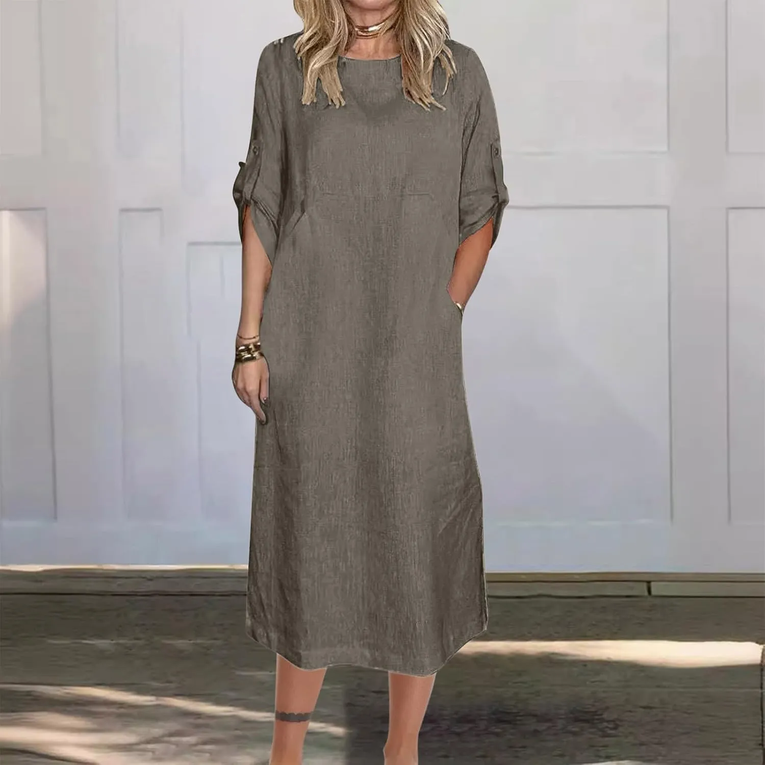 Linen Dresses for Women 2025 Cuffed Sleeve Crewneck Solid Color Long Cotton Dress Spring Maxi Dress with Pockets