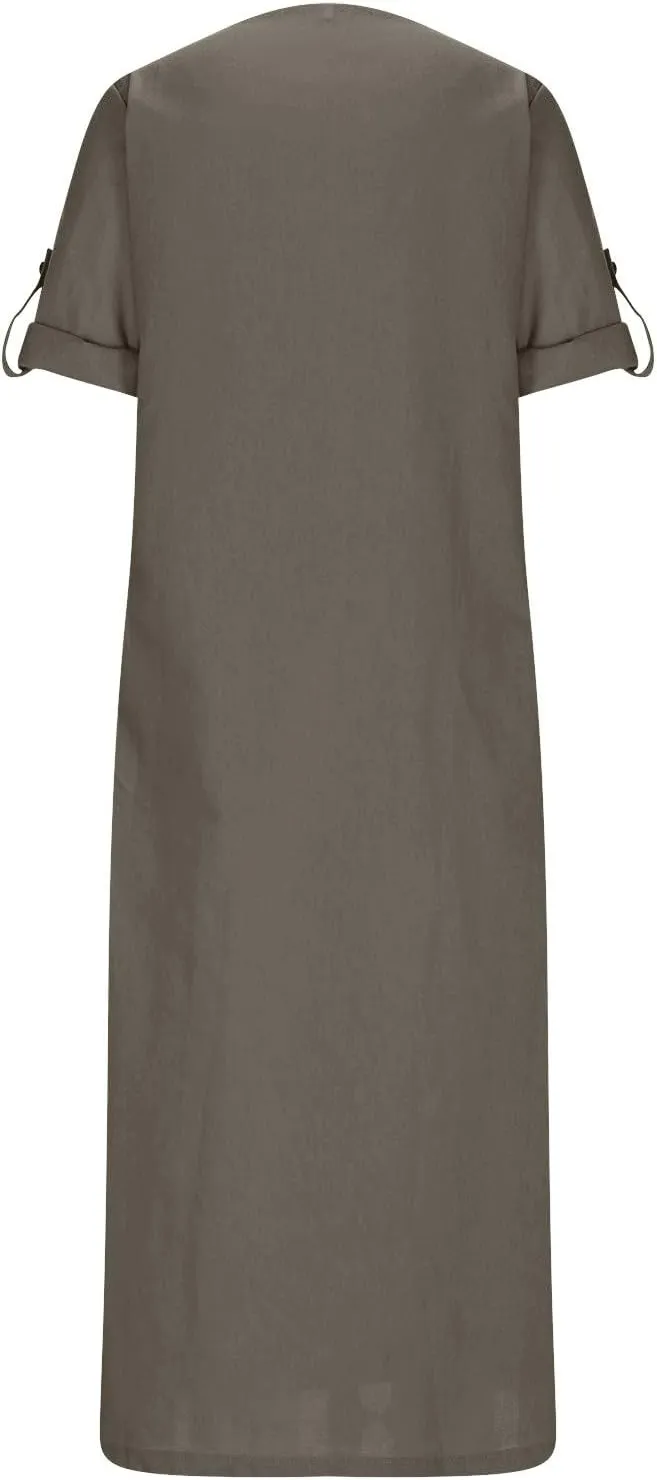 Linen Dresses for Women 2025 Cuffed Sleeve Crewneck Solid Color Long Cotton Dress Spring Maxi Dress with Pockets