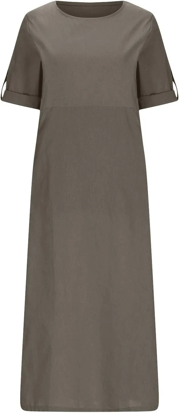 Linen Dresses for Women 2025 Cuffed Sleeve Crewneck Solid Color Long Cotton Dress Spring Maxi Dress with Pockets