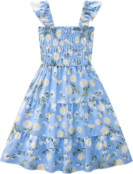 Little Girls Dresses Casual Summer Dress Ruffle Sleeve Floral Tiered Sundress Smocked Shirred Party Dress 3-10 Years