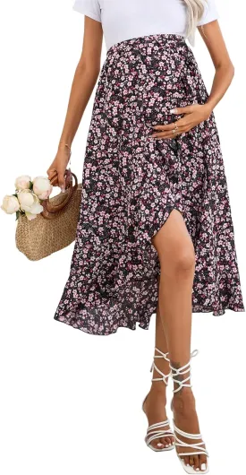 Maternity Midi Skirt Summer Casual Pleated Elastic High Waist Boho Ruffle Flowy Wrap Split Long Skirt
