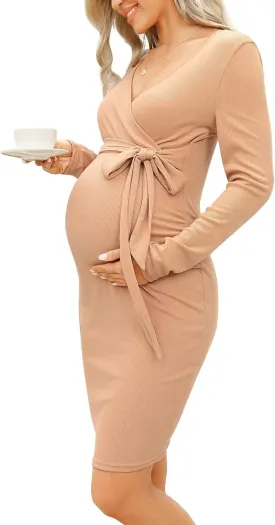 Maternity Ribbed Knit Long Sleeve Wrap V Neck Bodycon Fall Casual Sweater Mini Dress Baby Shower Photoshoot with Belt