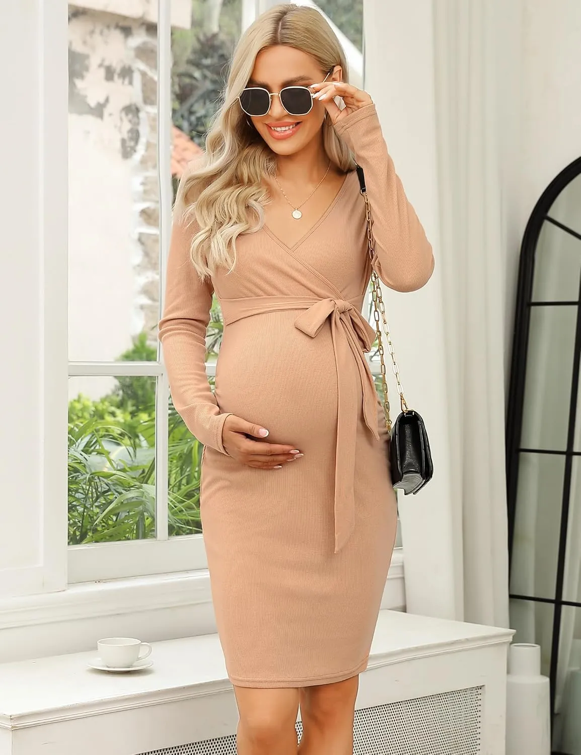 Maternity Ribbed Knit Long Sleeve Wrap V Neck Bodycon Fall Casual Sweater Mini Dress Baby Shower Photoshoot with Belt