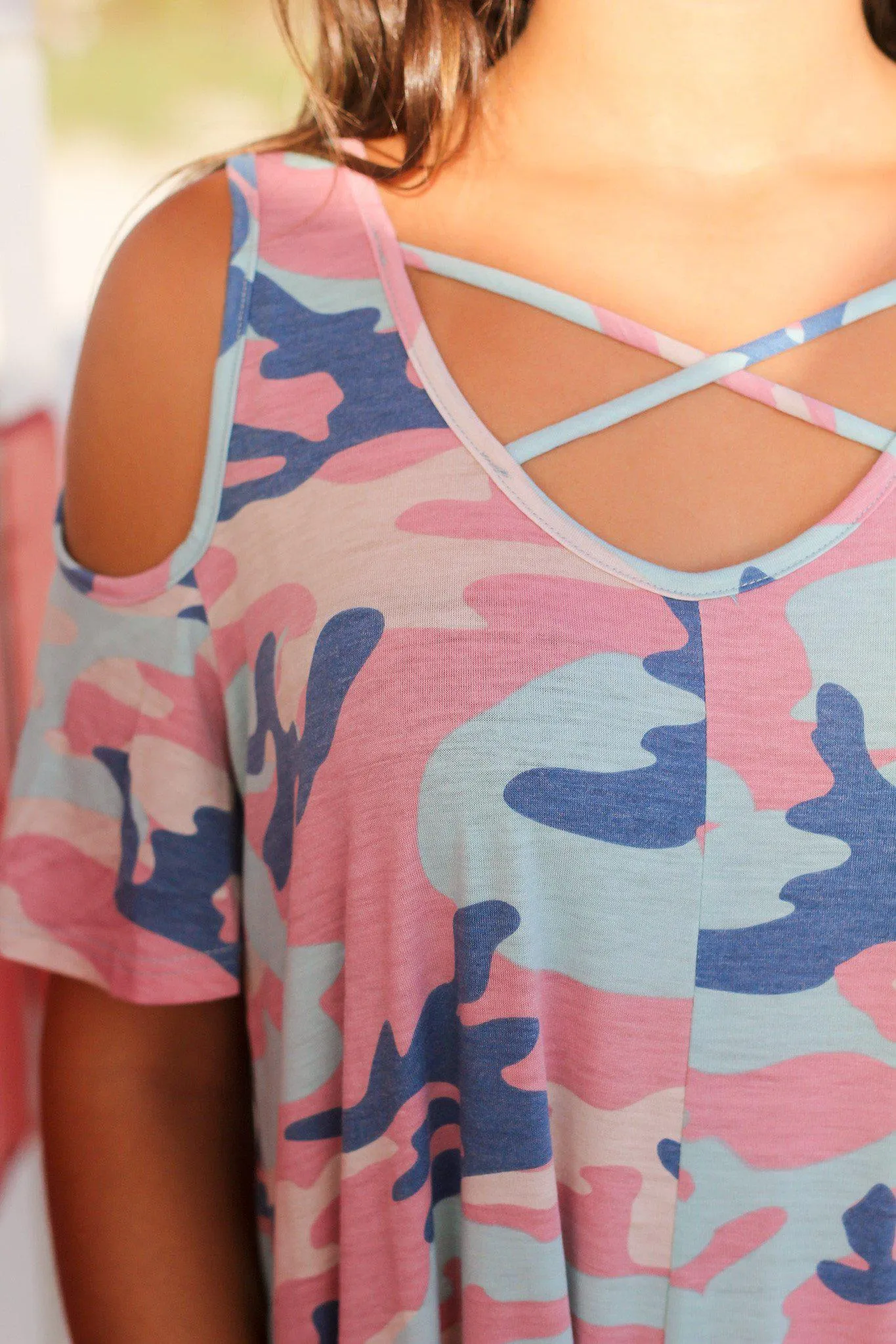 Mauve Camo Open Shoulder Top