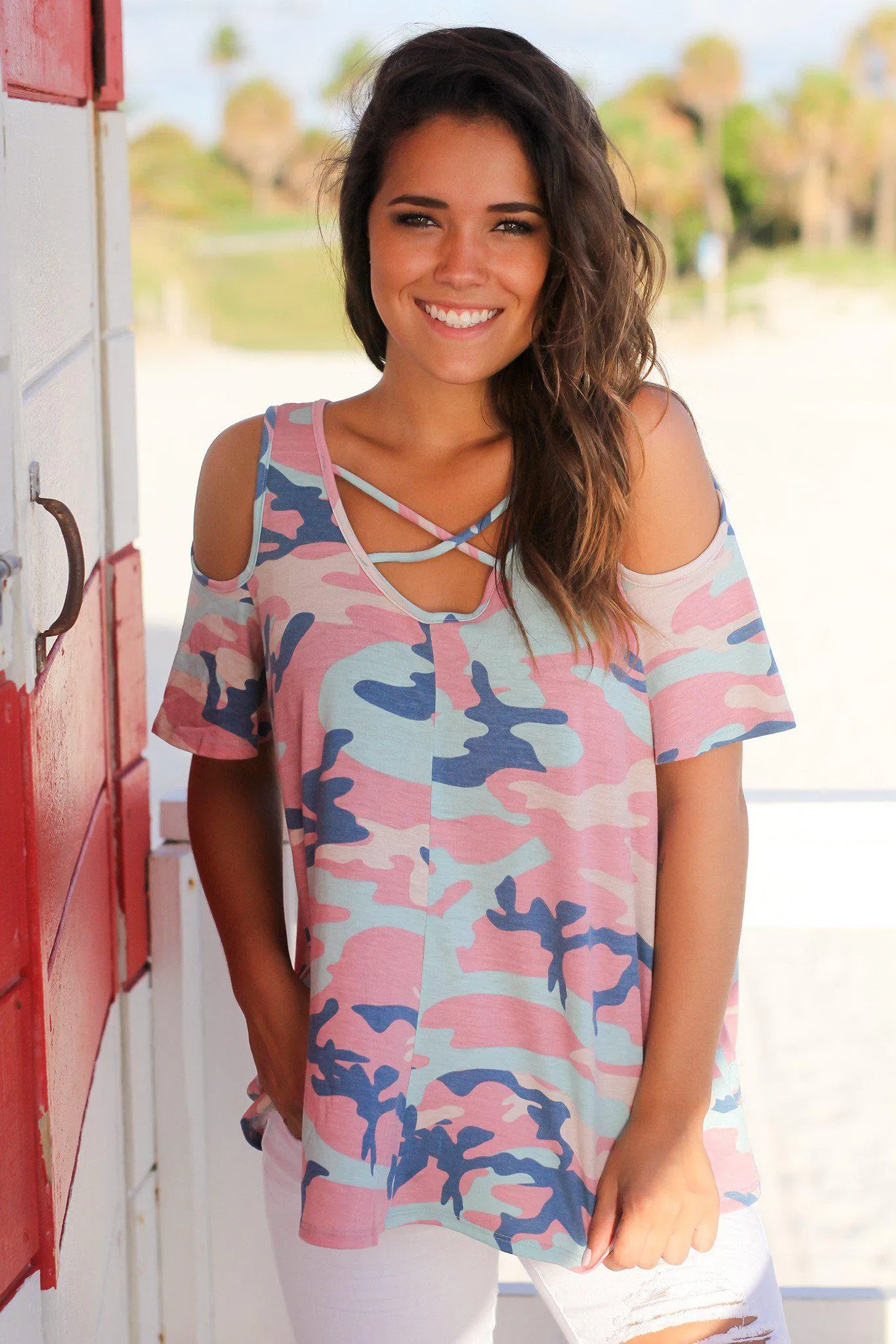 Mauve Camo Open Shoulder Top