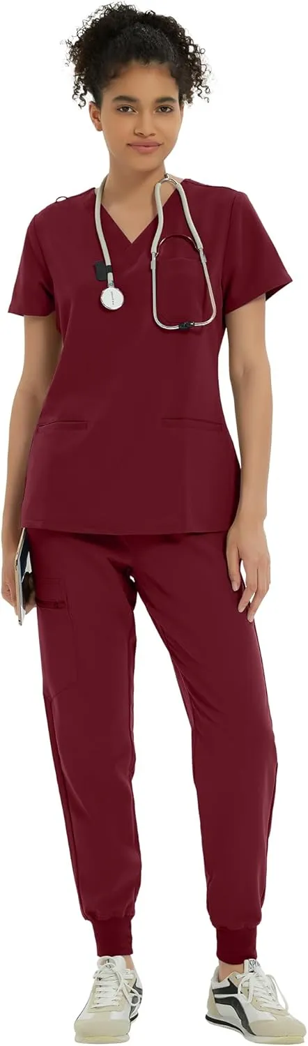 Medical Scrub Pants for Women, Mid Rise Skinny Straight Cargo with Yoga Waistband, Stretch, Anti-Wrinkle & 10 Pockets