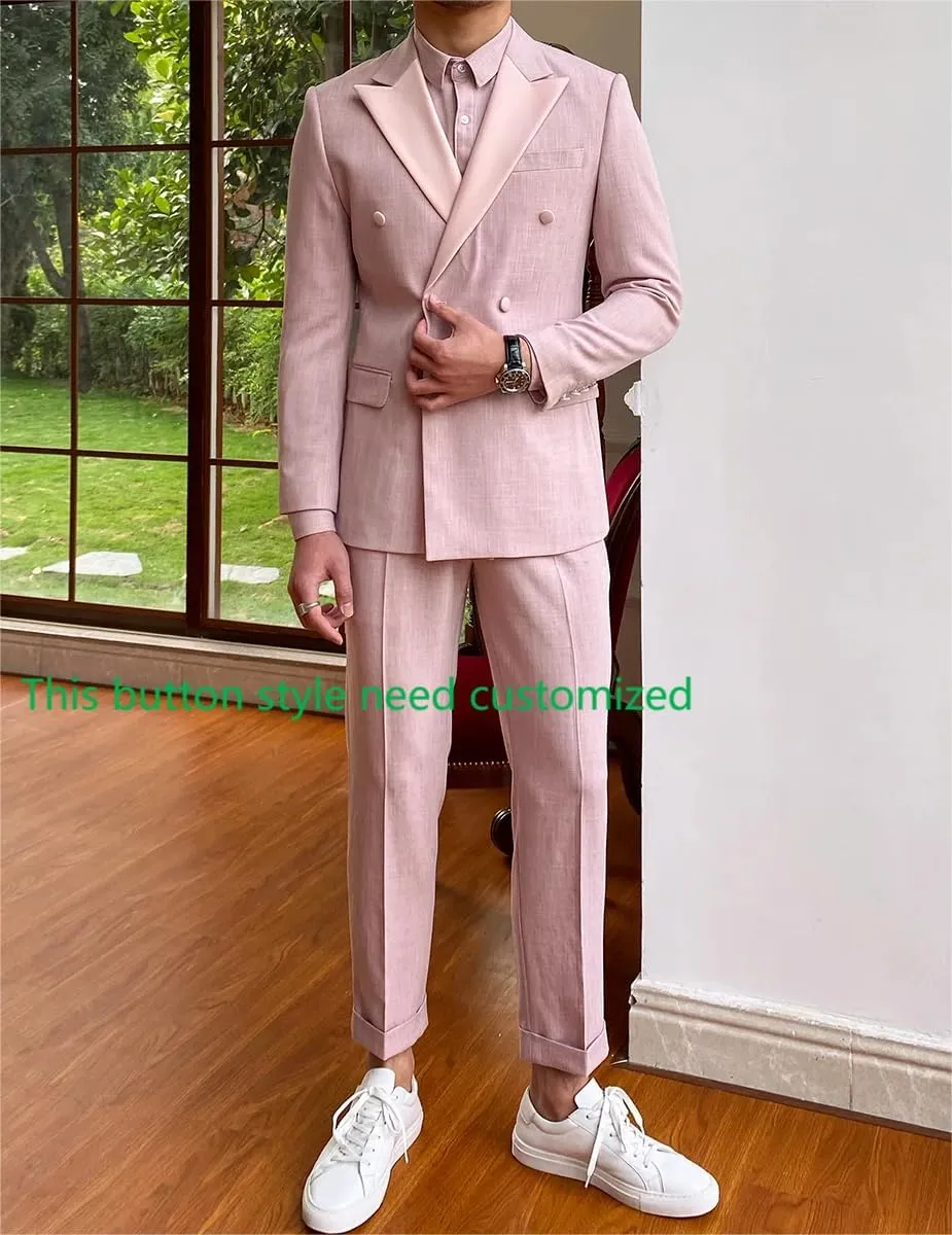 Men's Double Breasted Linen Suit 2 Piece Linen Suits Slim Fit Wedding Beach Casual Summer Blazer Pants