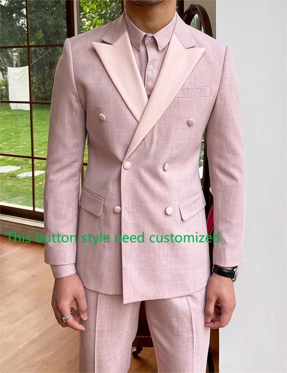 Men's Double Breasted Linen Suit 2 Piece Linen Suits Slim Fit Wedding Beach Casual Summer Blazer Pants