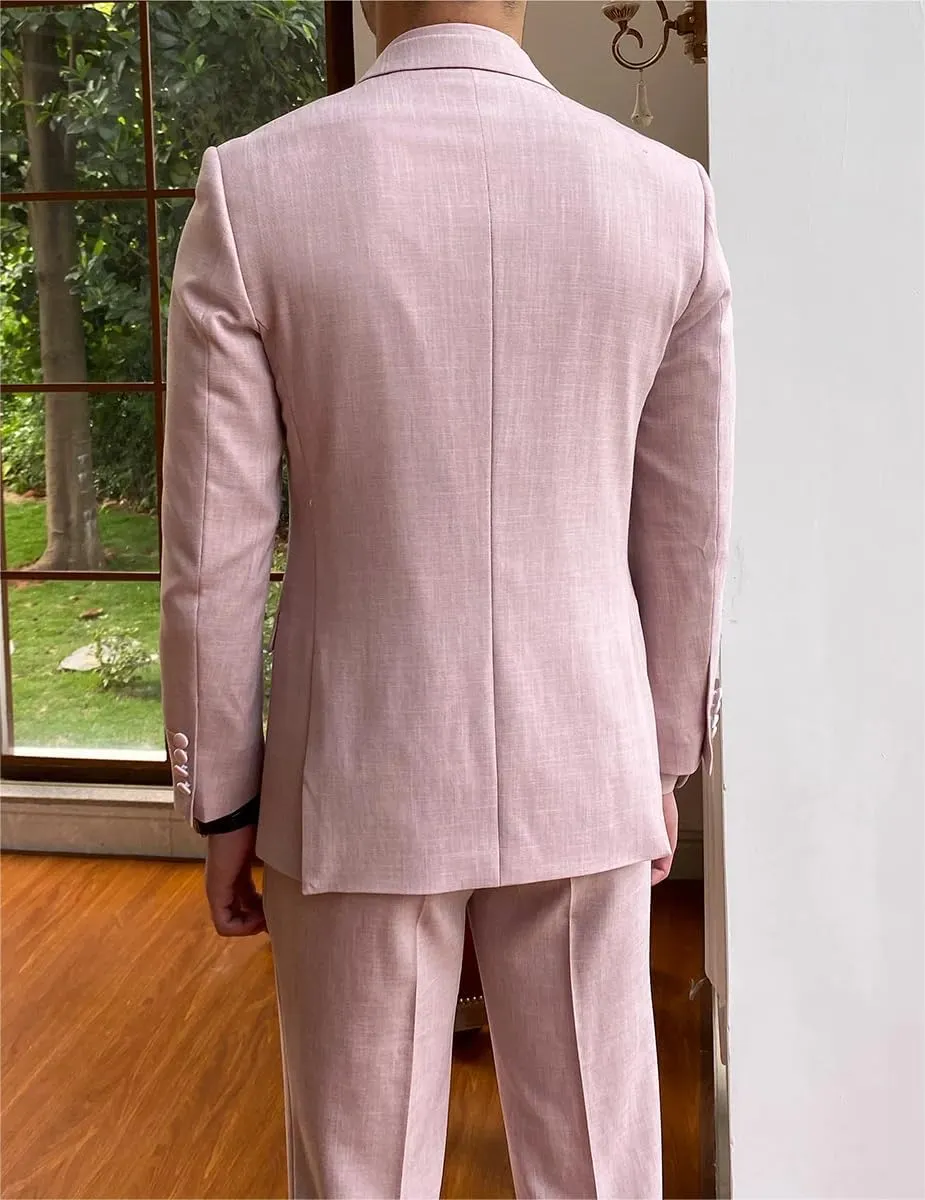 Men's Double Breasted Linen Suit 2 Piece Linen Suits Slim Fit Wedding Beach Casual Summer Blazer Pants