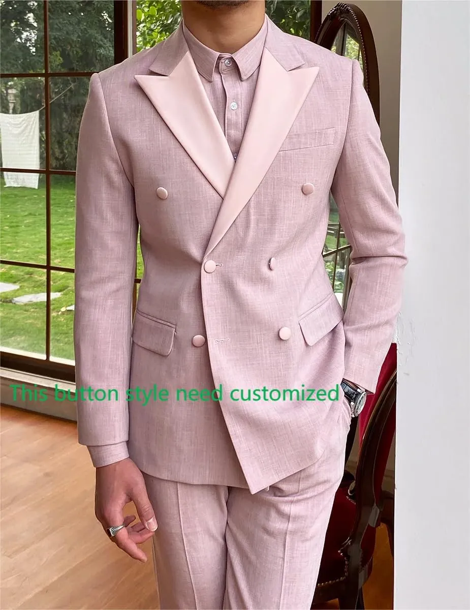 Men's Double Breasted Linen Suit 2 Piece Linen Suits Slim Fit Wedding Beach Casual Summer Blazer Pants