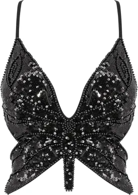 Mocure Womens Glitter Sequin Butterfly Crop Top Low-Cut Tank Top Rave Tube Vest Top for Belly Dance Costume Outfits