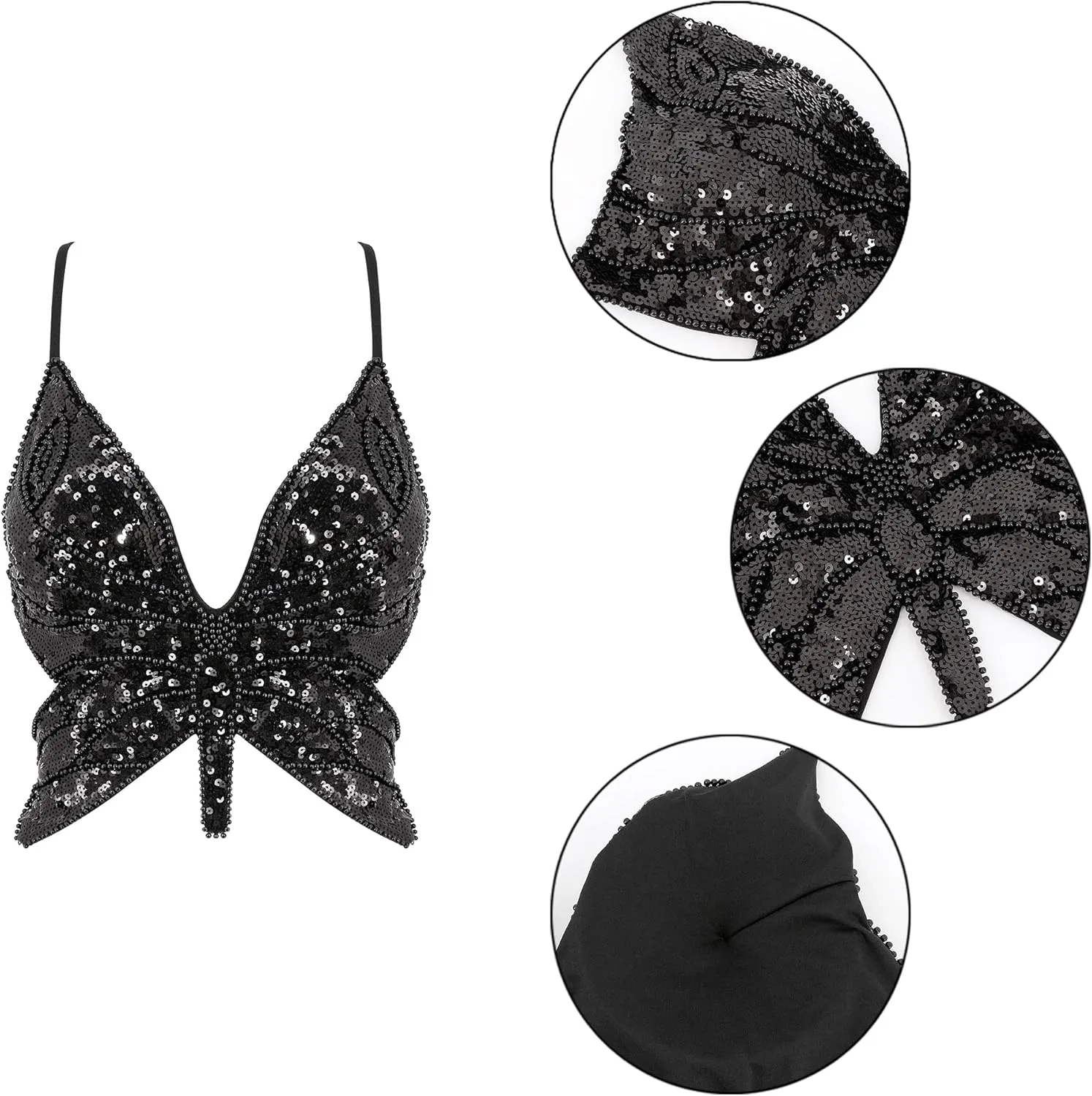 Mocure Womens Glitter Sequin Butterfly Crop Top Low-Cut Tank Top Rave Tube Vest Top for Belly Dance Costume Outfits