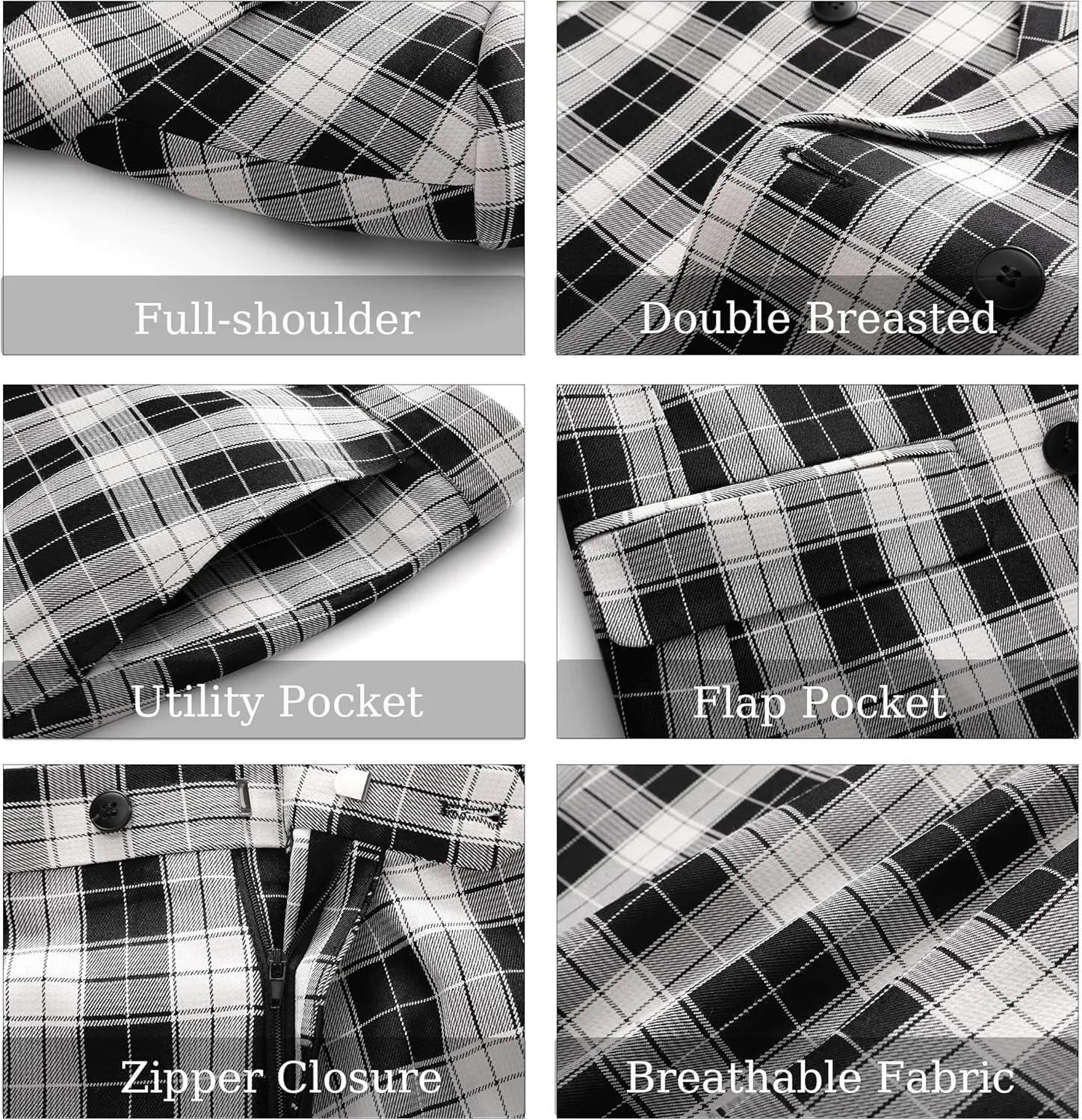 MOGU Men's Plaid Tuxedo Suit - Double Breasted 2-Piece Checkered Set with Suit Jacket and Pants for Prom and Wedding