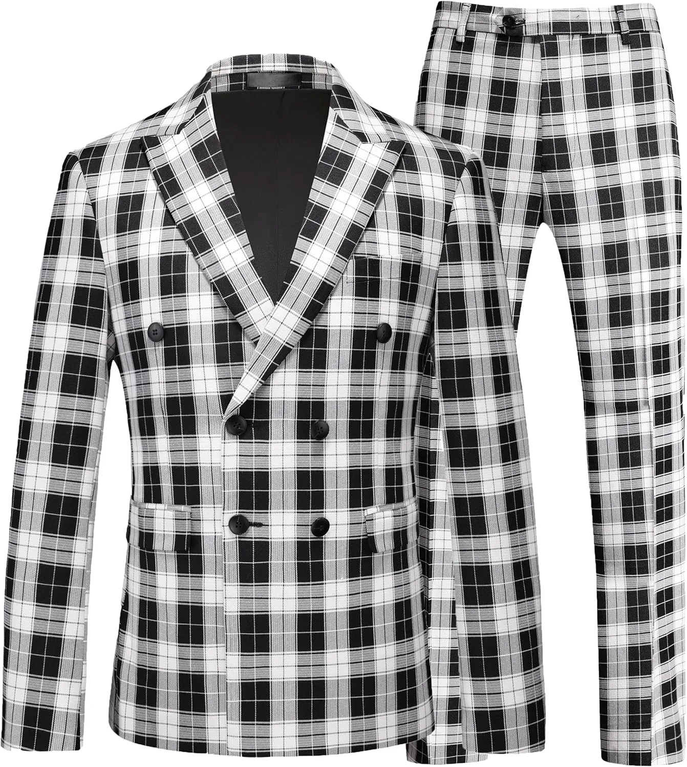 MOGU Men's Plaid Tuxedo Suit - Double Breasted 2-Piece Checkered Set with Suit Jacket and Pants for Prom and Wedding