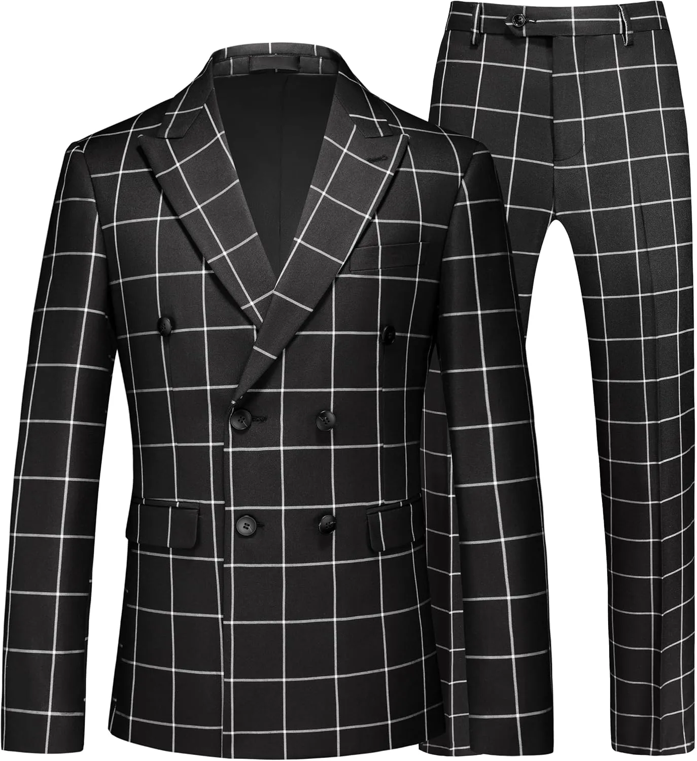 MOGU Men's Plaid Tuxedo Suit - Double Breasted 2-Piece Checkered Set with Suit Jacket and Pants for Prom and Wedding