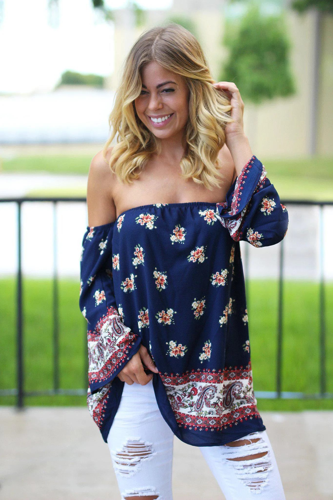 Navy Floral Off Shoulder Top