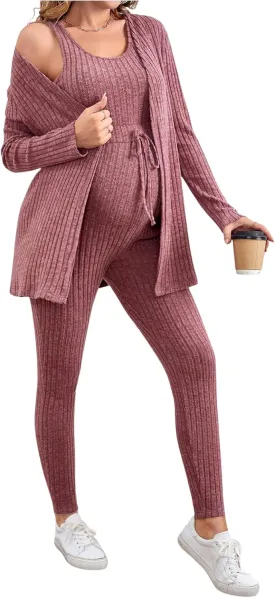 OYOANGLE Women's Maternity 2 Piece Lounge Set Ribbed Knit Jumpsuit and Long Sleeve Cardigan Sets Jogger Pants Outfit