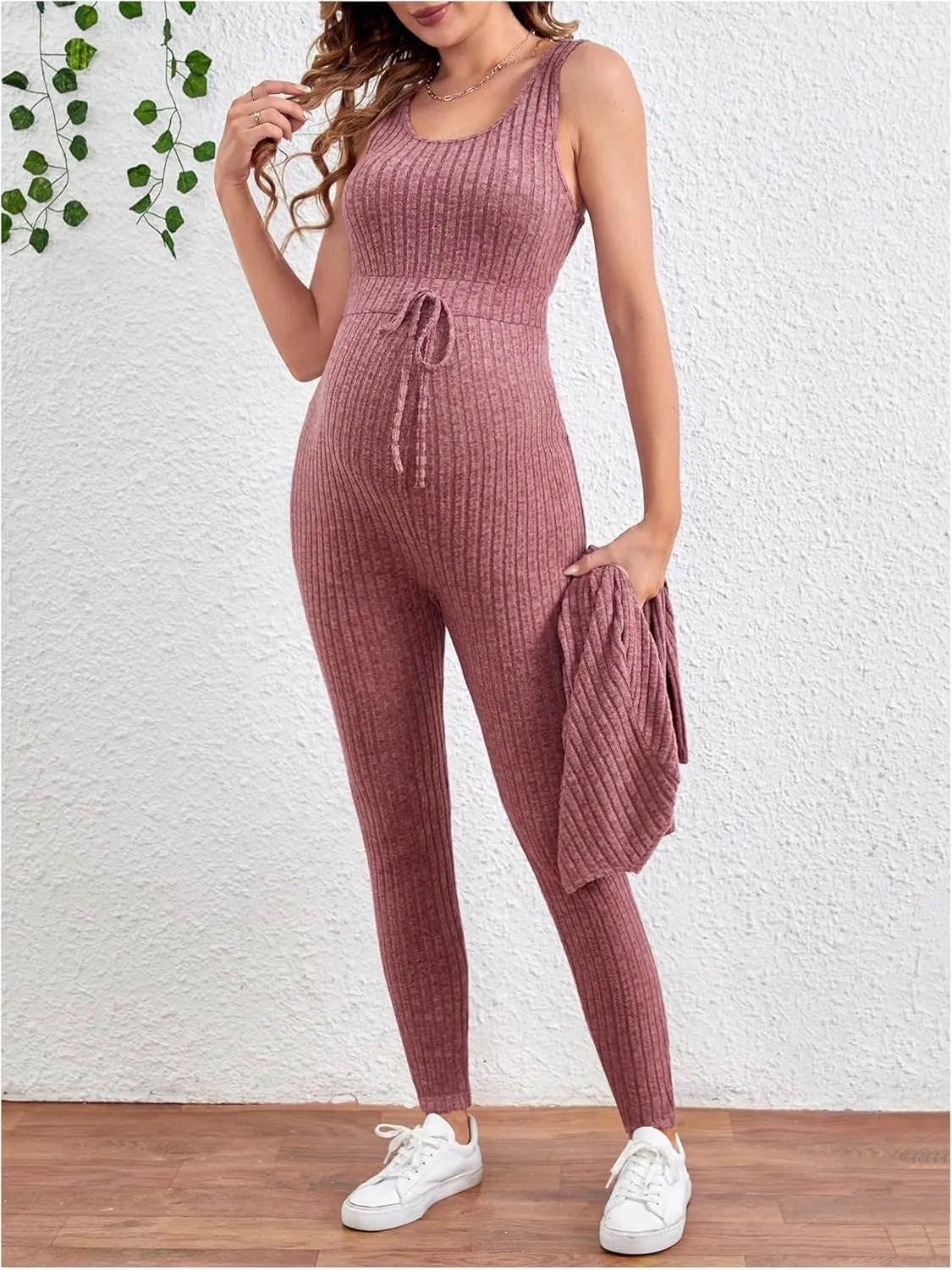 OYOANGLE Women's Maternity 2 Piece Lounge Set Ribbed Knit Jumpsuit and Long Sleeve Cardigan Sets Jogger Pants Outfit