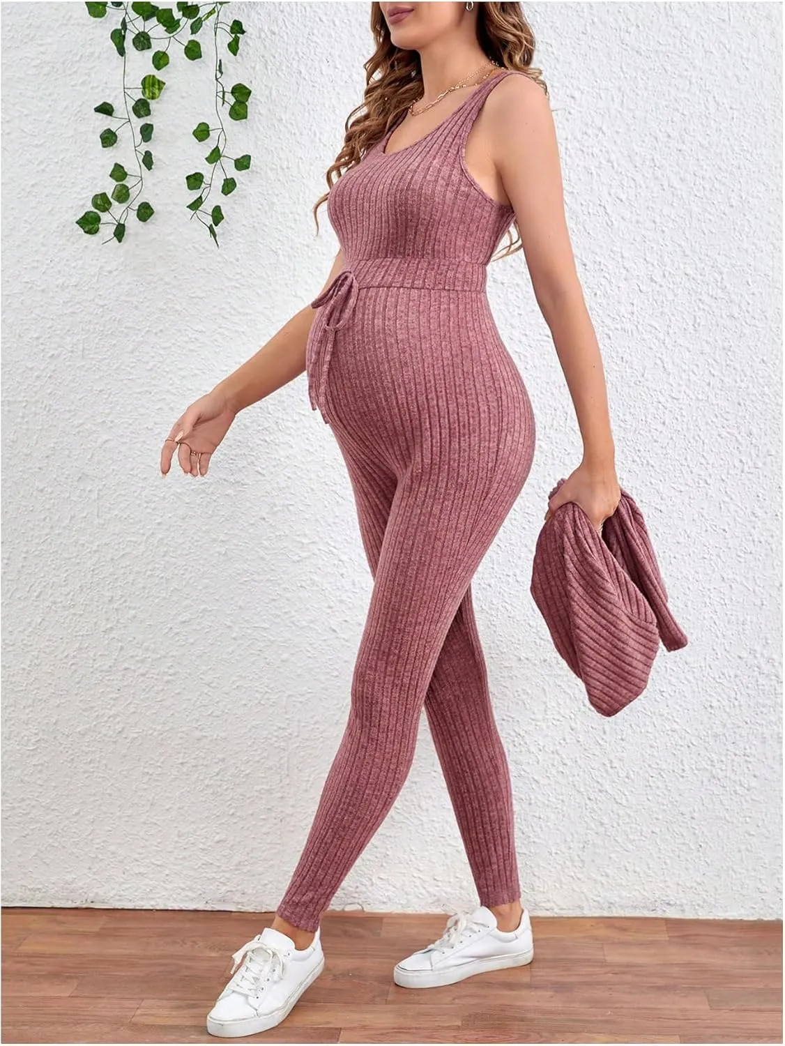 OYOANGLE Women's Maternity 2 Piece Lounge Set Ribbed Knit Jumpsuit and Long Sleeve Cardigan Sets Jogger Pants Outfit