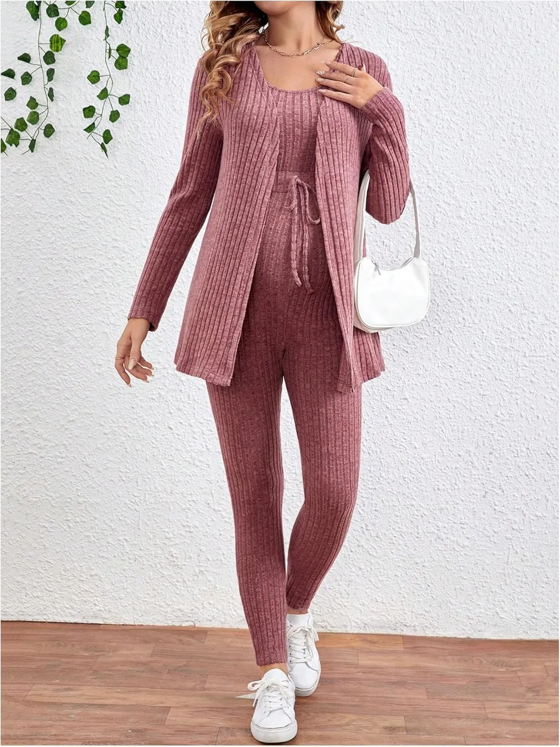 OYOANGLE Women's Maternity 2 Piece Lounge Set Ribbed Knit Jumpsuit and Long Sleeve Cardigan Sets Jogger Pants Outfit