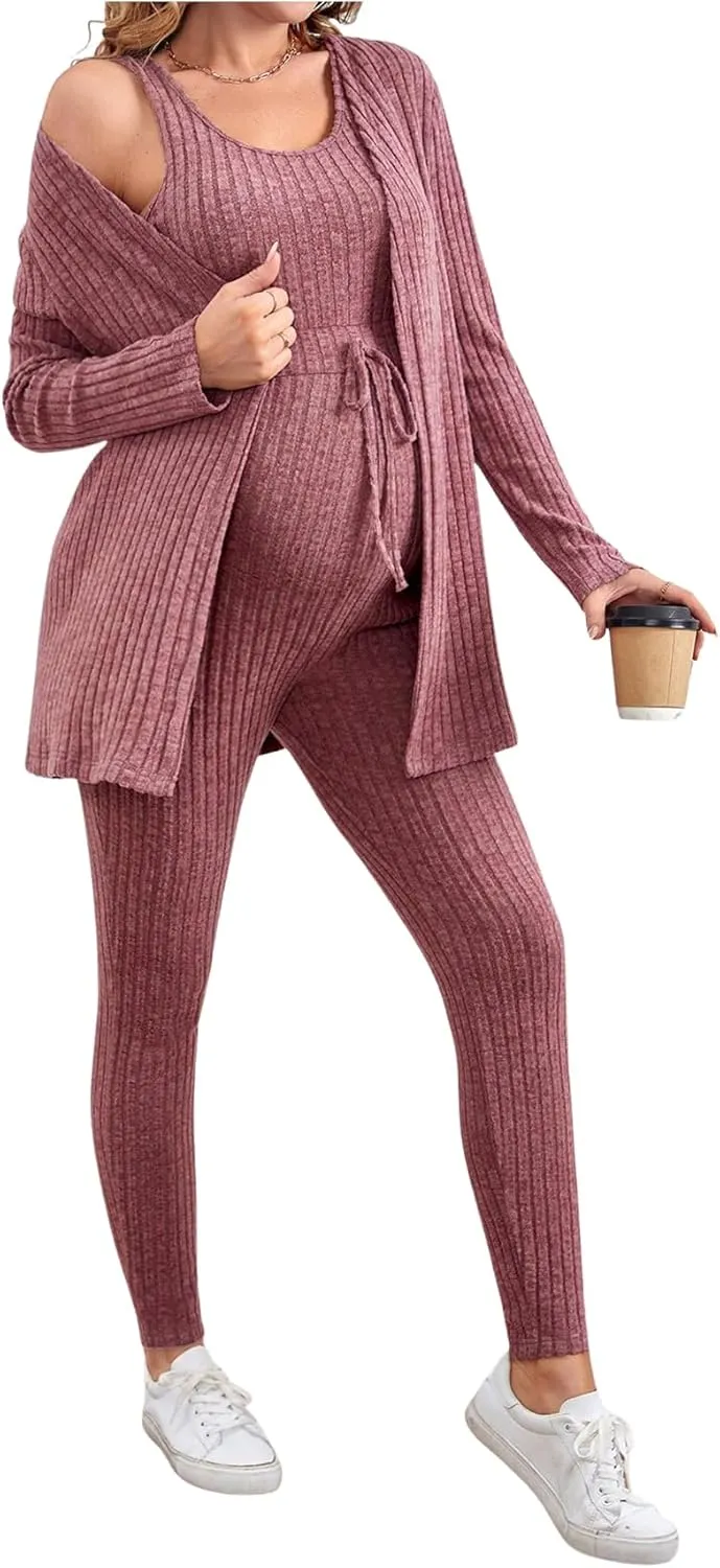 OYOANGLE Women's Maternity 2 Piece Lounge Set Ribbed Knit Jumpsuit and Long Sleeve Cardigan Sets Jogger Pants Outfit