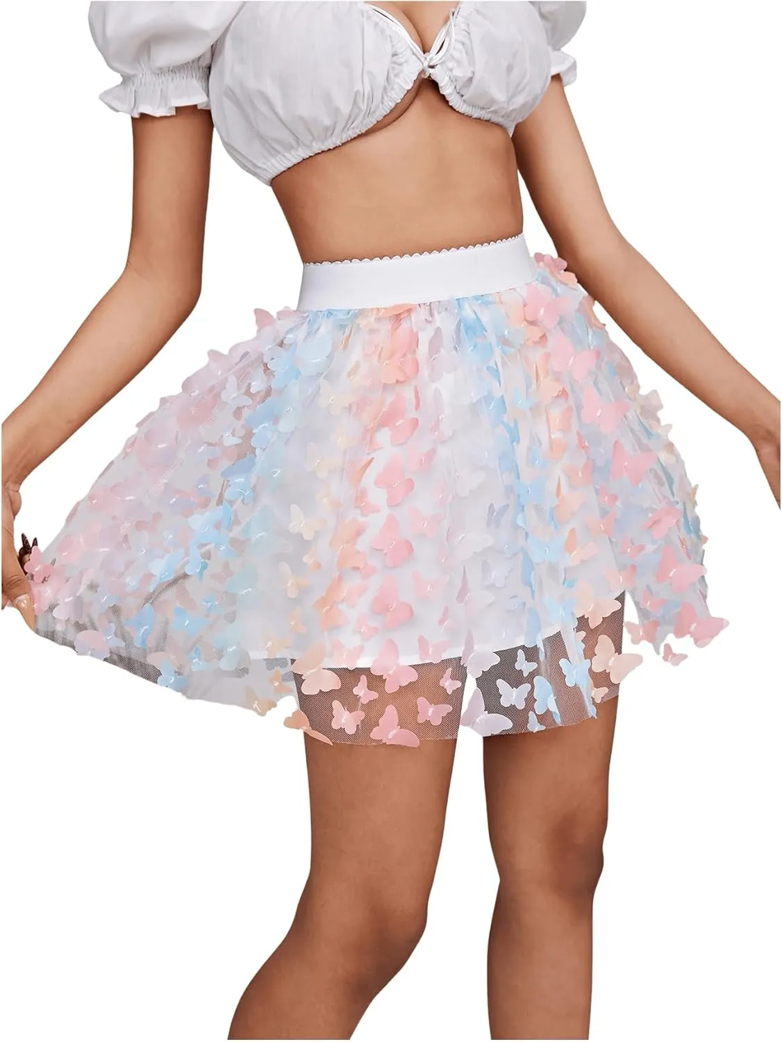 OYOANGLE Women's Mesh Sheer Skater A Line Skirt Embroidered Flare High Waist Skirt