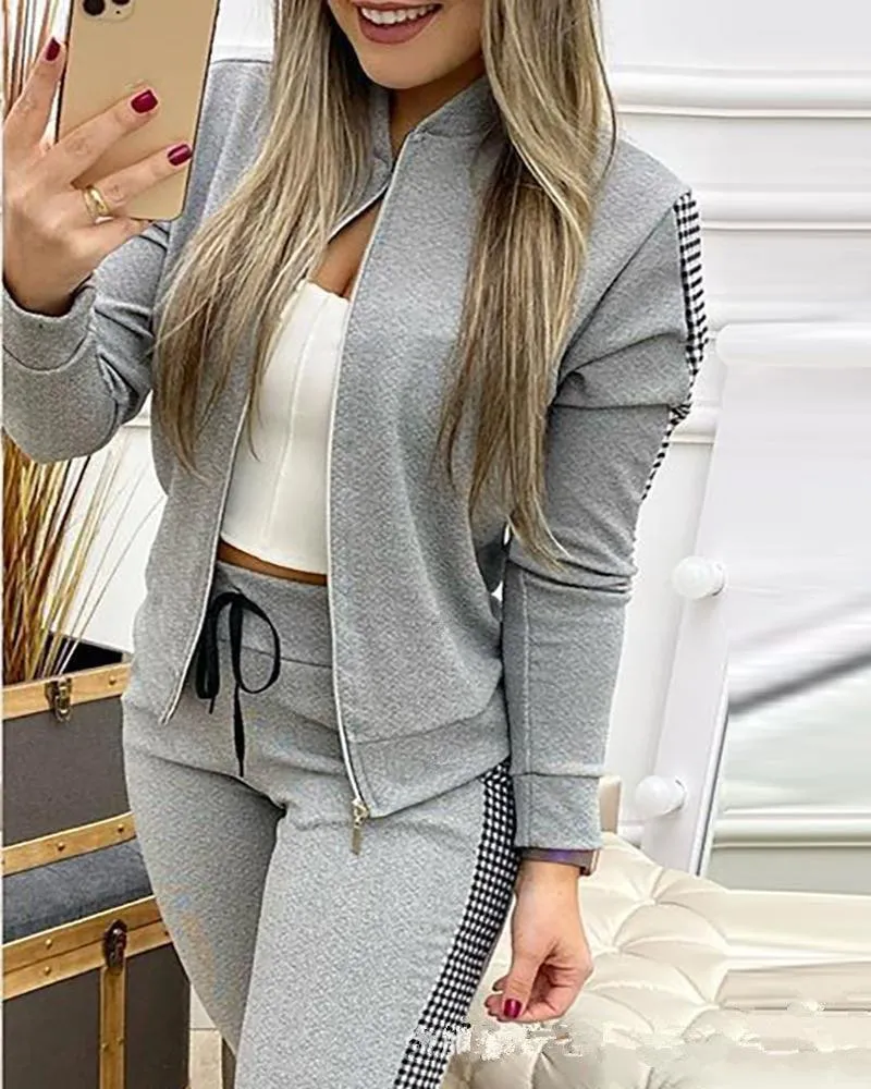 Plaid Leisure Suit Spring Sports Zipper Tops 2 Two Piece Leisure Sets