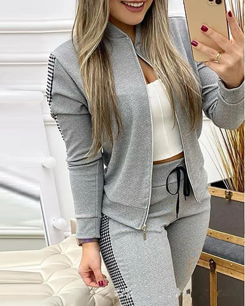 Plaid Leisure Suit Spring Sports Zipper Tops 2 Two Piece Leisure Sets