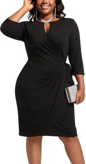 Plus Size Faux Wrap Bodycon Dress for Curvy Women Keyhole 3/4 Sleeve Sexy Cocktail Midi Wedding Guest Dresses