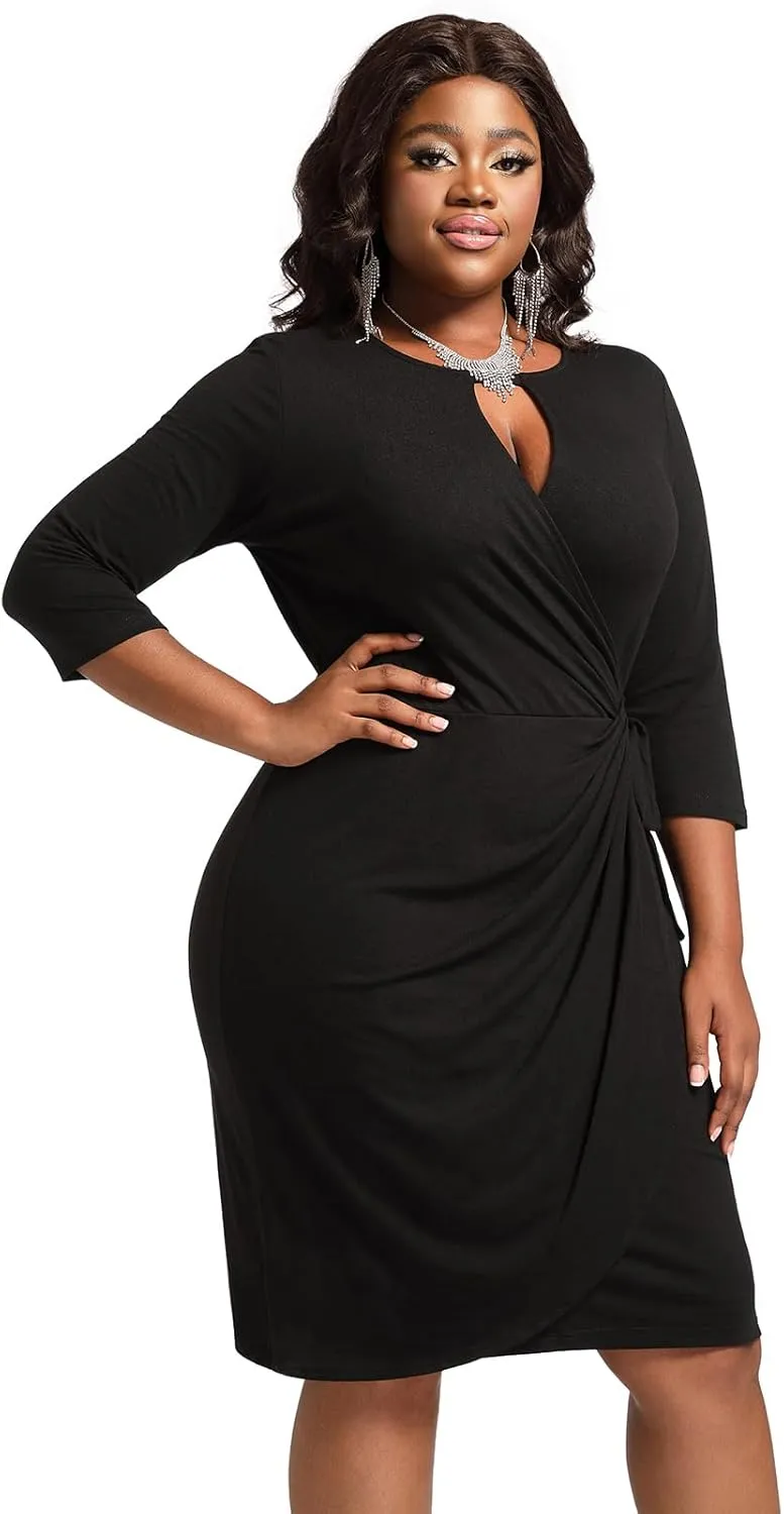 Plus Size Faux Wrap Bodycon Dress for Curvy Women Keyhole 3/4 Sleeve Sexy Cocktail Midi Wedding Guest Dresses