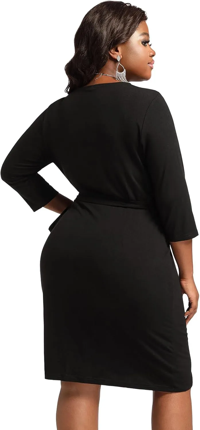 Plus Size Faux Wrap Bodycon Dress for Curvy Women Keyhole 3/4 Sleeve Sexy Cocktail Midi Wedding Guest Dresses