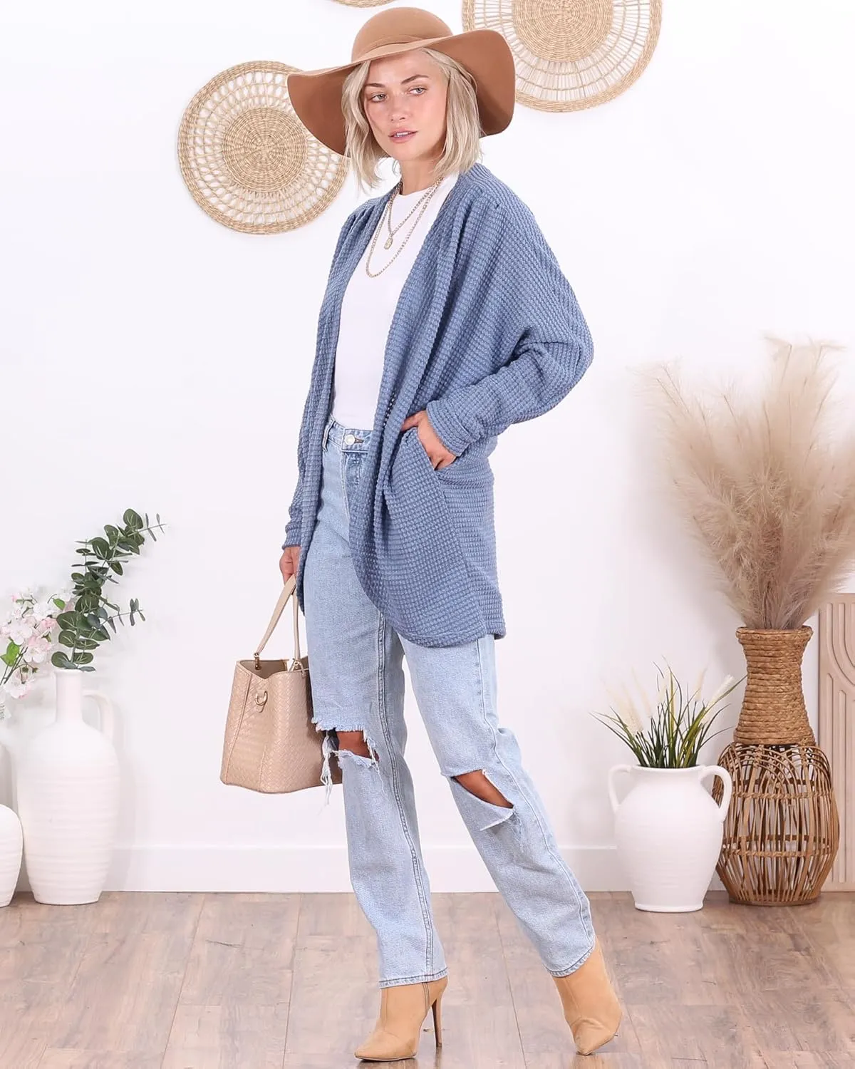 Popana Long Oversized Fall Batwing Waffle Knit Cardigan Sweaters for Women with Pockets Plus Size