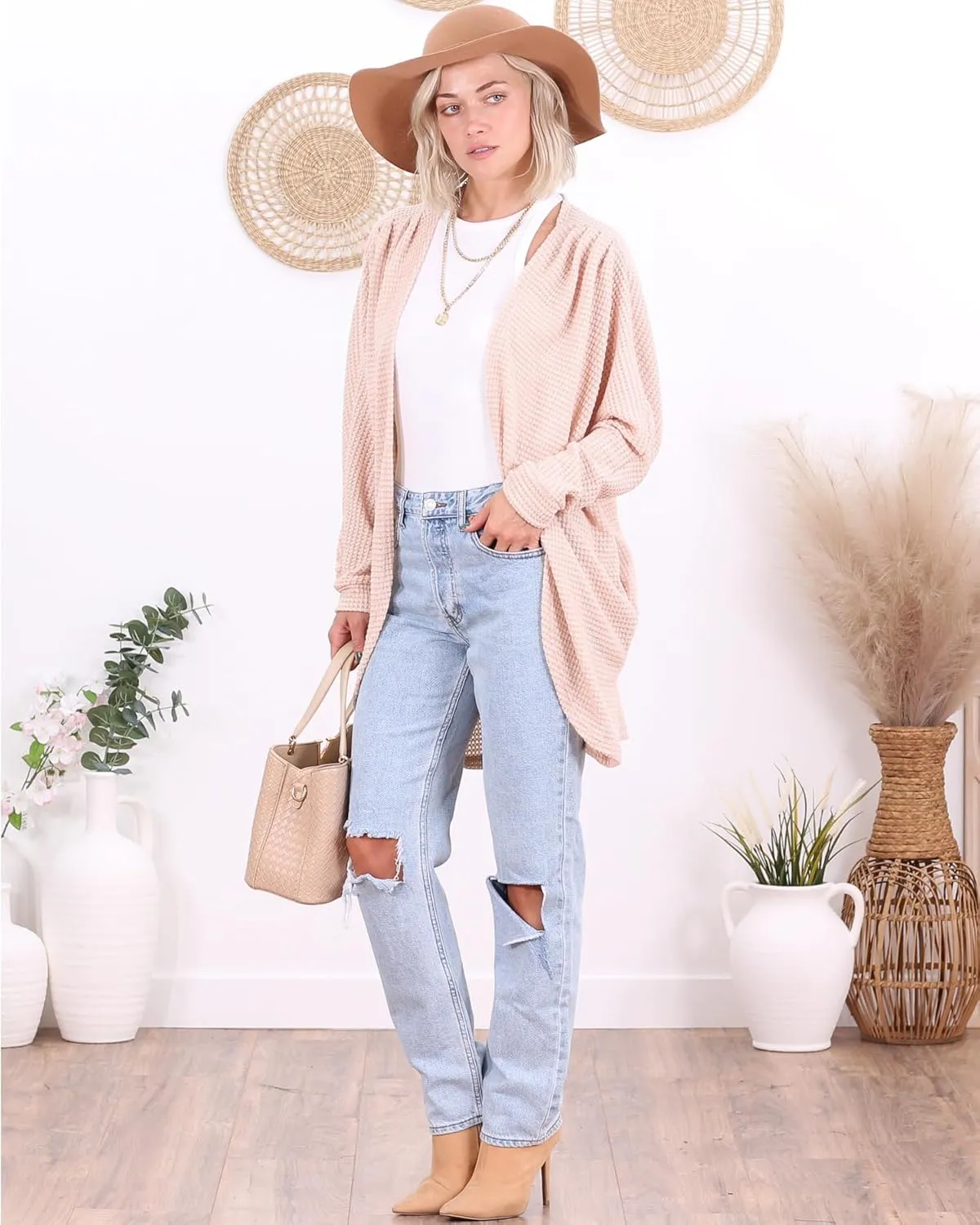 Popana Long Oversized Fall Batwing Waffle Knit Cardigan Sweaters for Women with Pockets Plus Size