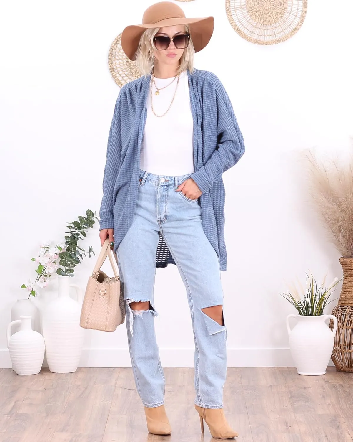 Popana Long Oversized Fall Batwing Waffle Knit Cardigan Sweaters for Women with Pockets Plus Size