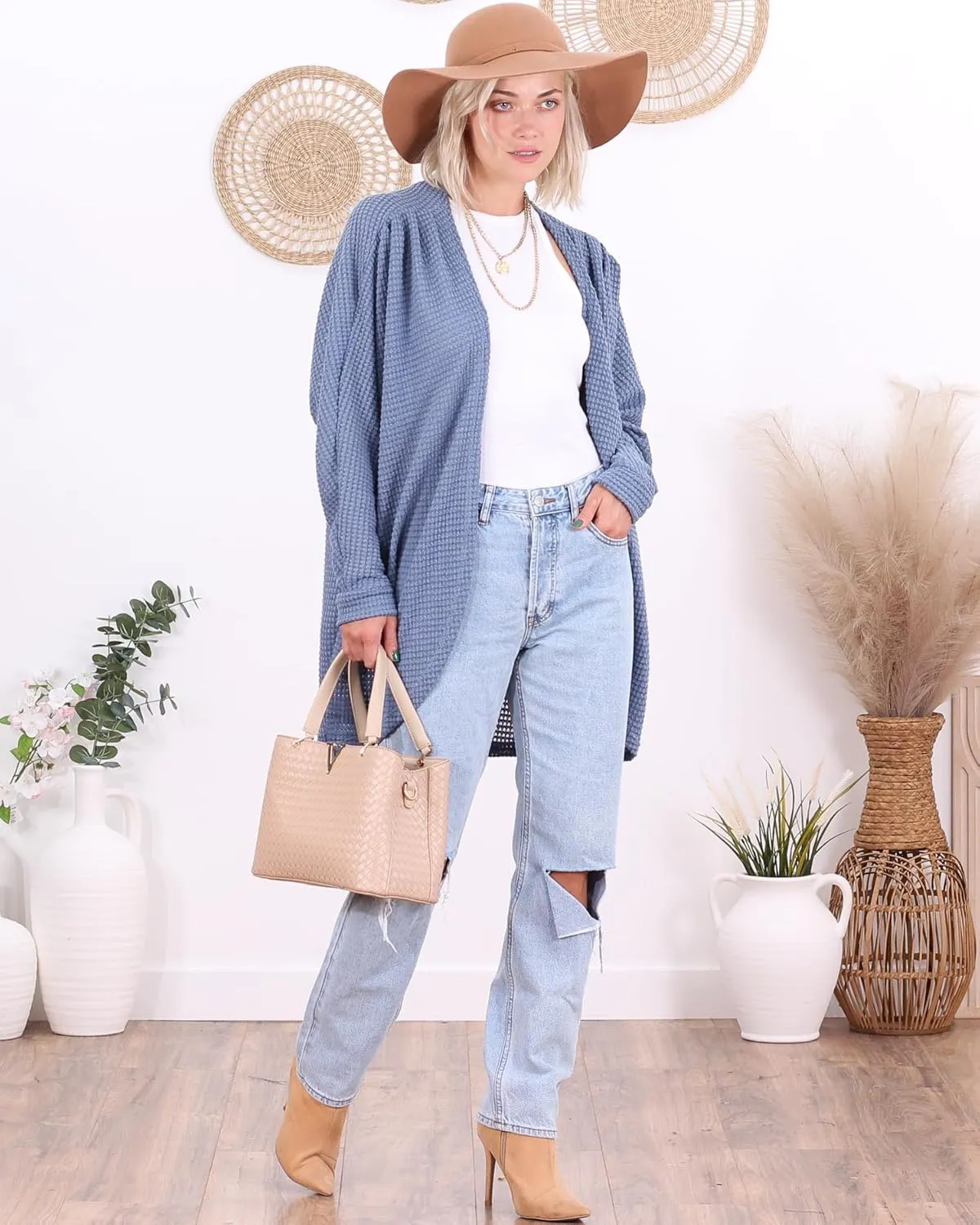 Popana Long Oversized Fall Batwing Waffle Knit Cardigan Sweaters for Women with Pockets Plus Size