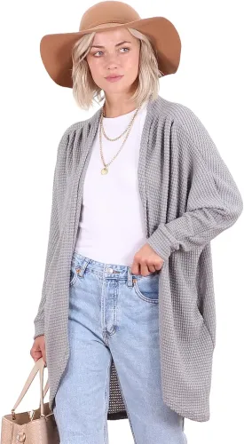 Popana Long Oversized Fall Batwing Waffle Knit Cardigan Sweaters for Women with Pockets Plus Size