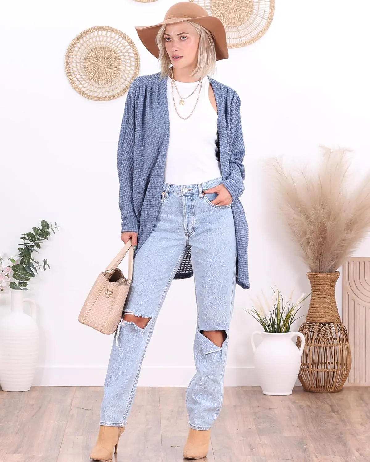 Popana Long Oversized Fall Batwing Waffle Knit Cardigan Sweaters for Women with Pockets Plus Size