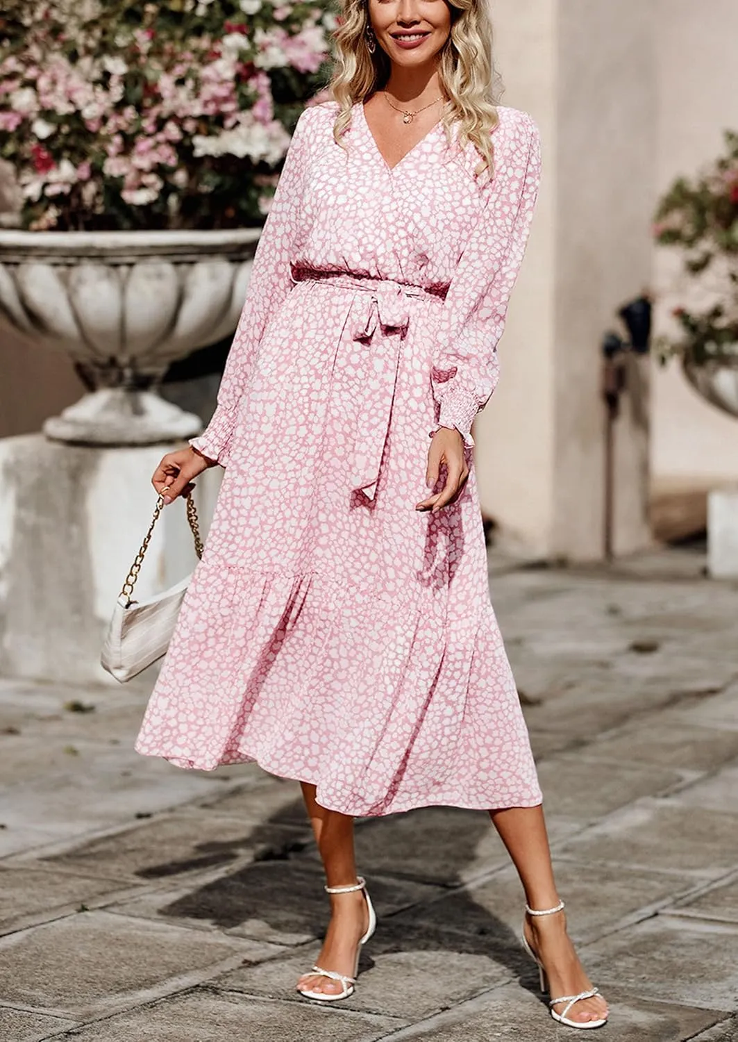 PRETTYGARDEN Women's Floral Boho Dress Fall Long Sleeve Wrap V Neck Ruffle Flowy Maxi Spring Wedding Guest Vacation Dresses