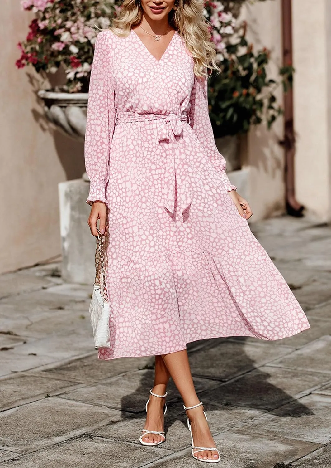 PRETTYGARDEN Women's Floral Boho Dress Fall Long Sleeve Wrap V Neck Ruffle Flowy Maxi Spring Wedding Guest Vacation Dresses