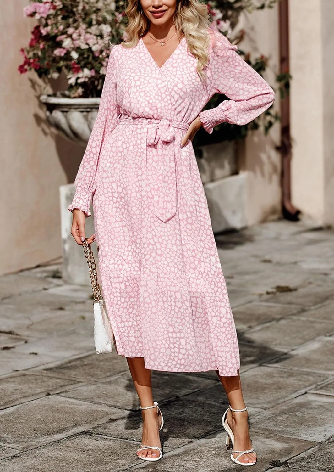 PRETTYGARDEN Women's Floral Boho Dress Fall Long Sleeve Wrap V Neck Ruffle Flowy Maxi Spring Wedding Guest Vacation Dresses